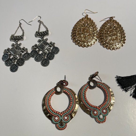 Bundle of 4 Bohemian Earrings, Black Tassel's, Silver and Gold Combination - Picture 2 of 11